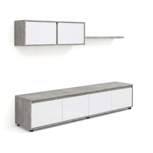 Salón con mueble de TV y estantería en gris cemento y blanco artik 200 cm Arlet Gris cemento - Blanco Artik (Blanco Mate)