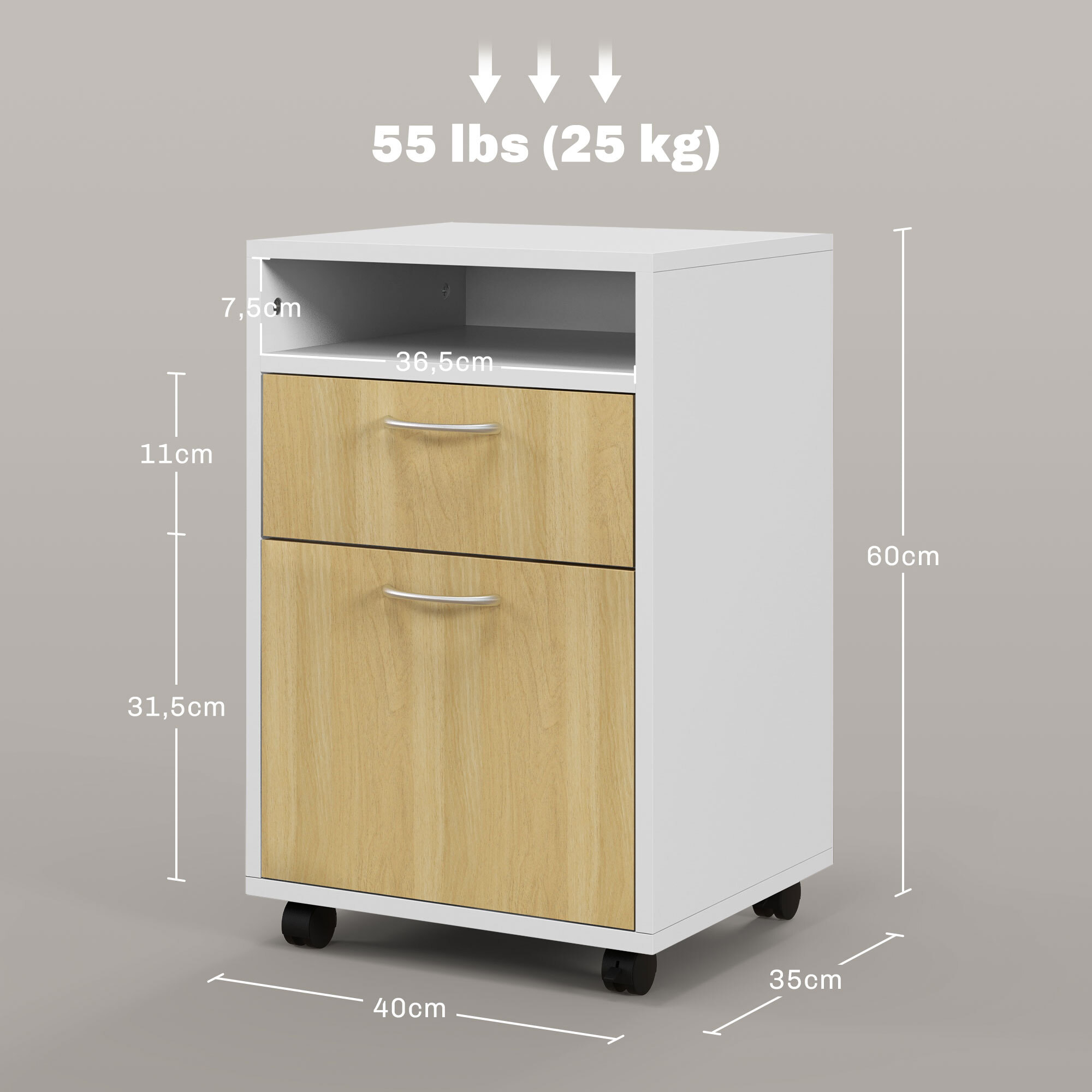 Cajonera de Oficina Móvil con Cajón y Gabinete Mueble Archivador con Ruedas Soporte de Impresora para Estudio 40x35x60 cm Natural y Blanco