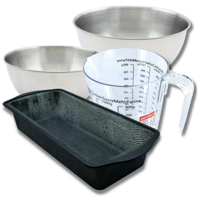 Set pâtisserie avec moule à cake 31,5 cm, 2 bols à mixer, verre mesureur et spatule Zenker