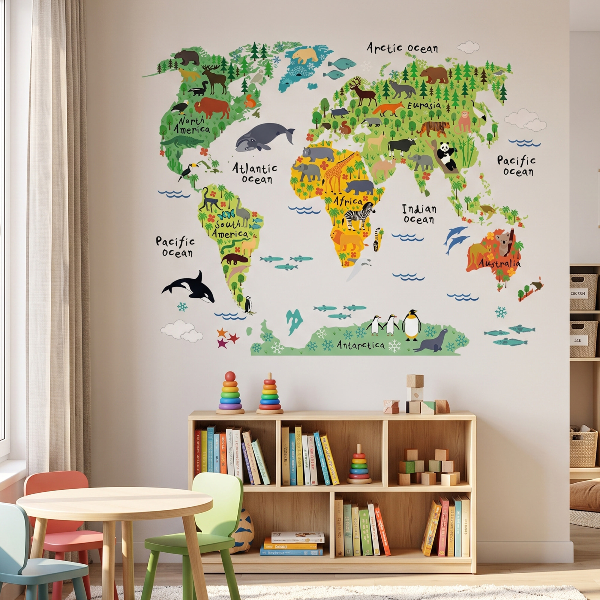 Stickers Muraux décoration adhésifs carte du monde pour enfants animaux du monde
