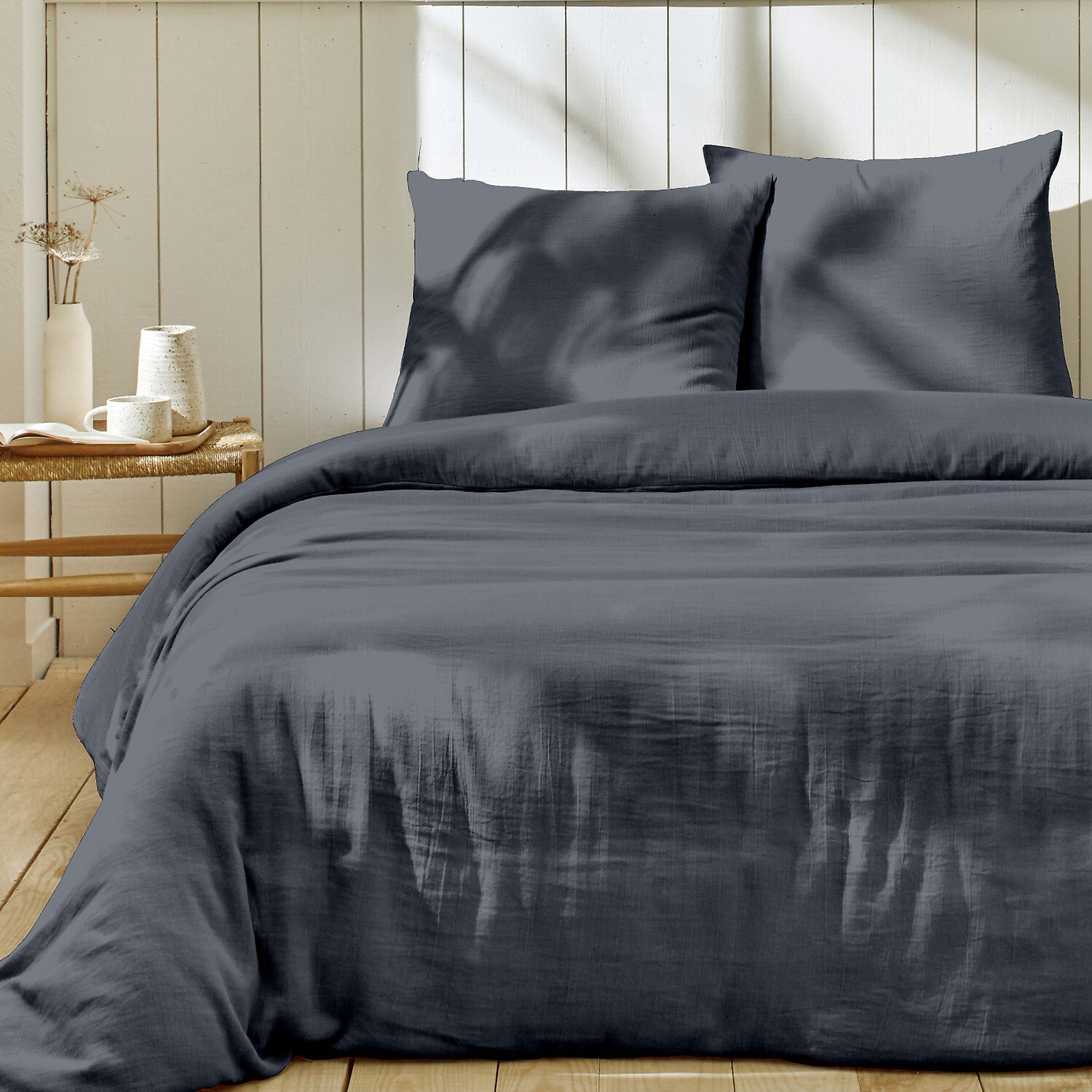 Parure housse de couette 3pcs 100% gaze de coton_bleu jean