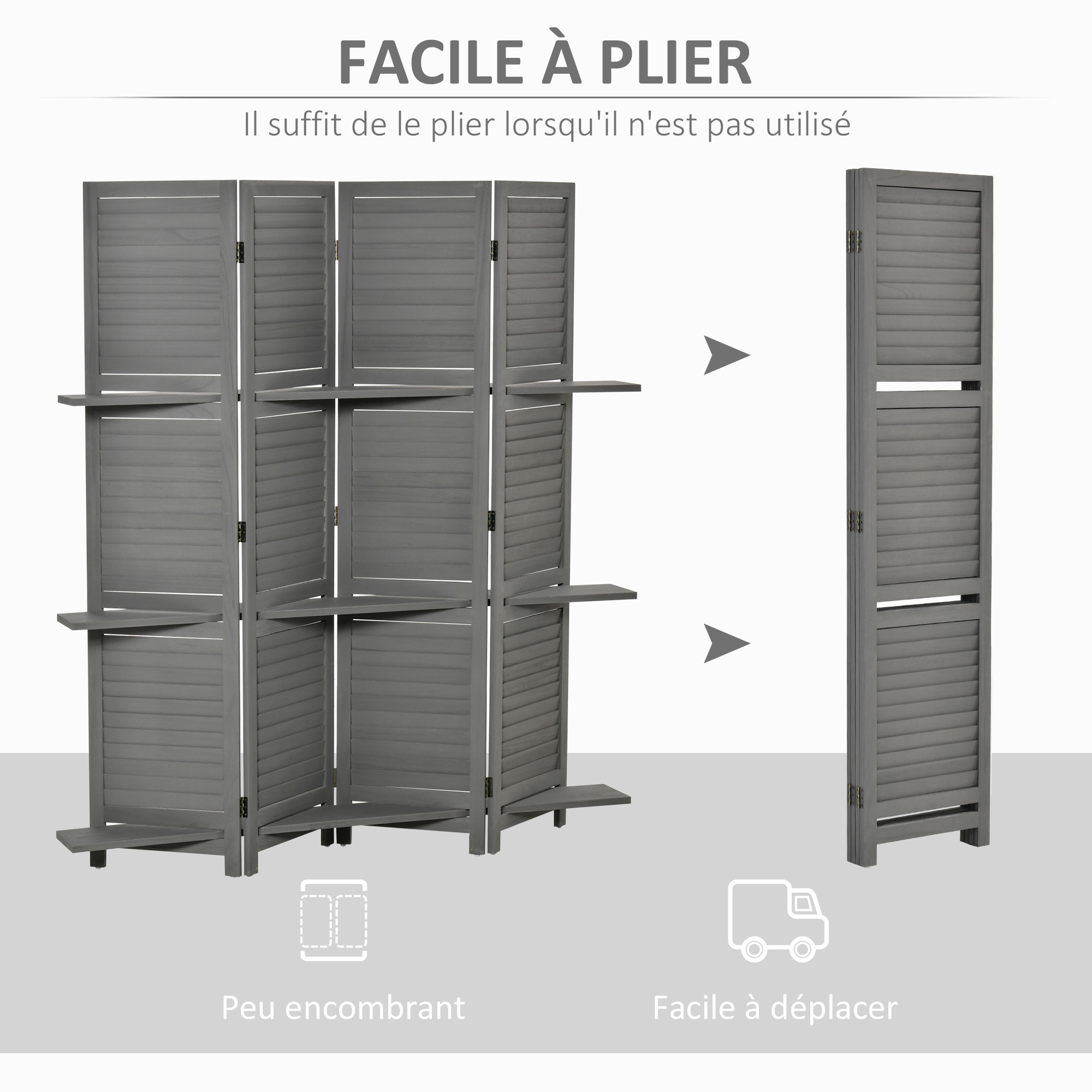 Paravent intérieur 4 panneaux 3 étagères pliables séparateur de pièce portes persiennes bois de paulownia gris