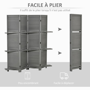 Paravent intérieur 4 panneaux 3 étagères pliables séparateur de pièce portes persiennes bois de paulownia gris
