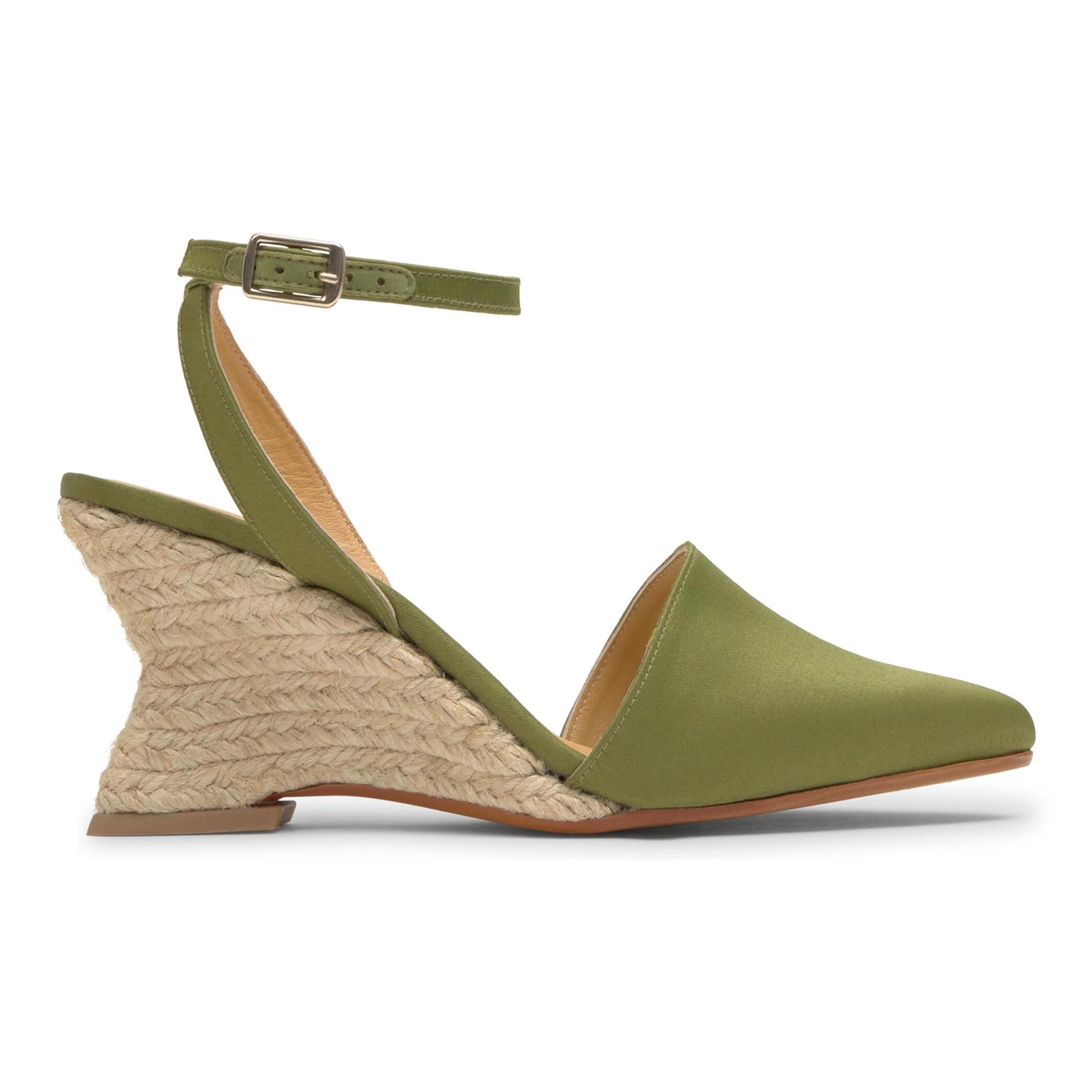 Alpargata Judi cuña de yute geométrica en raso con pulsera y punta afilada