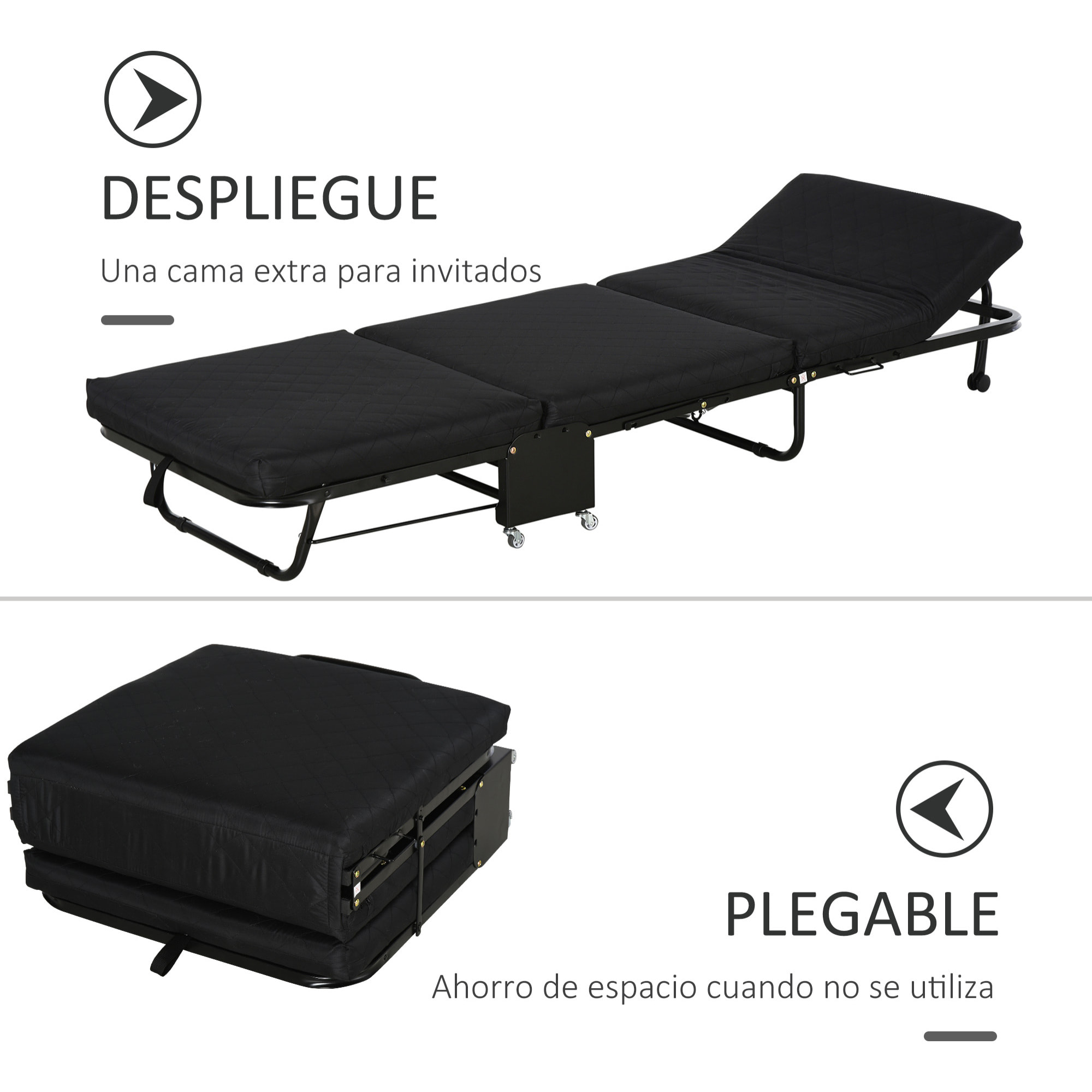 Cama Plegable 184x65 cm Cama Abatible con Cabecera Ajustable en 5 Niveles Ruedas Universales y Estructura de Metal Carga Máx. 120 kg Negro