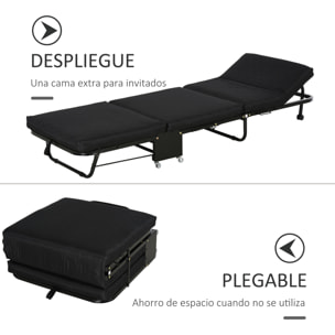 Cama Plegable 184x65 cm Cama Abatible con Cabecera Ajustable en 5 Niveles Ruedas Universales y Estructura de Metal Carga Máx. 120 kg Negro