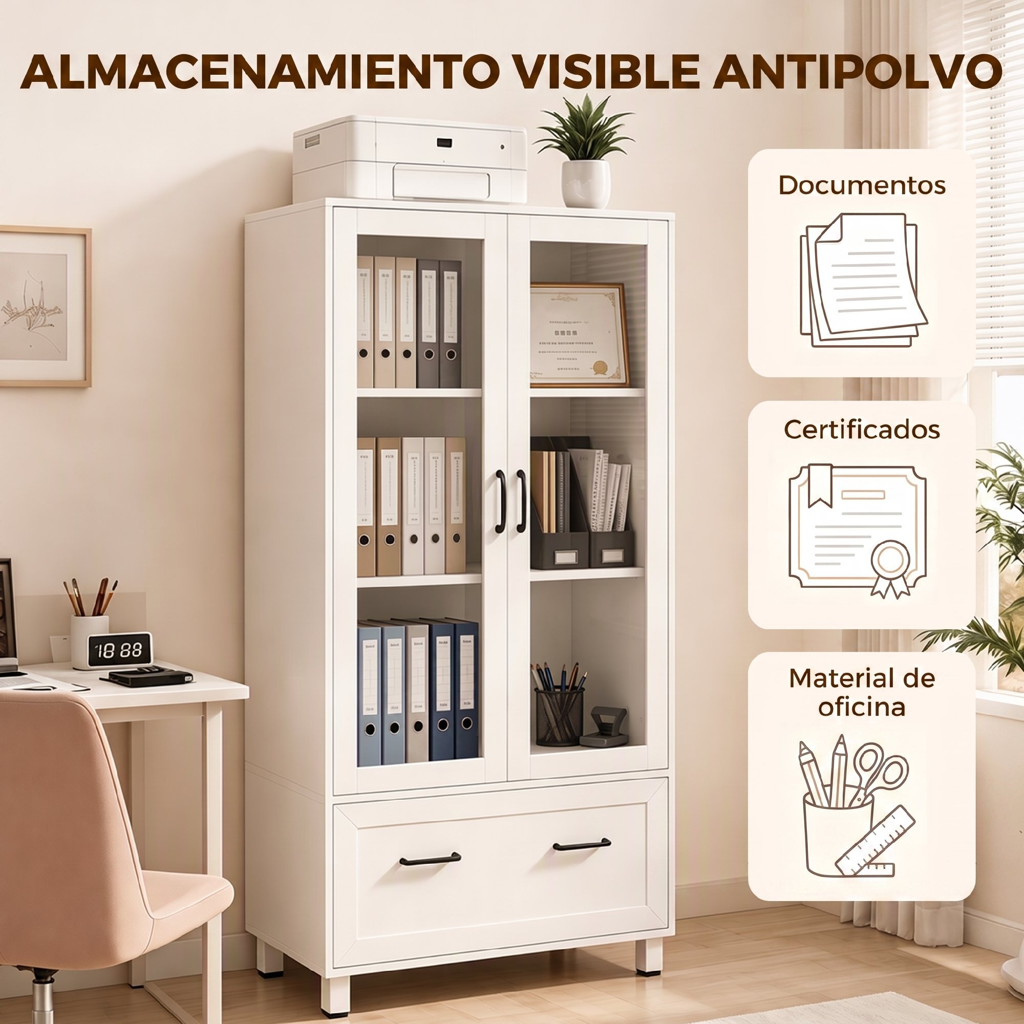Archivador Vertical con Puertas de Cristal y Cajón, Armario de Oficina con 3 Estantes y Barras Ajustables para Archivos Tamaño A4, Carta y Legal, para Estudio, Salón, 75x40x141 cm, Blanco