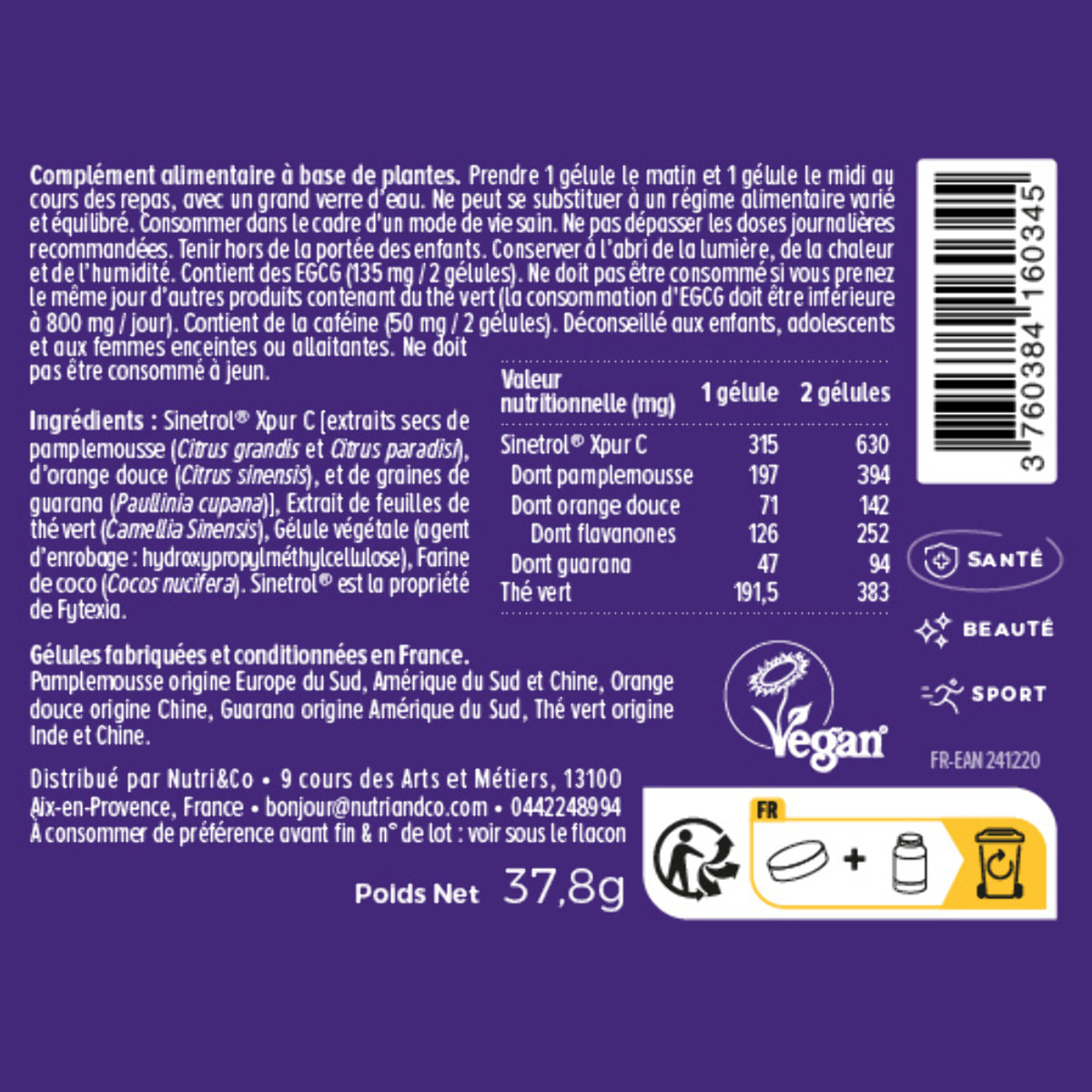 Nutri&Co Brûle Graisse Puissant et Naturel Thé Vert & Agrumes - 60 gélules Vegan