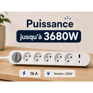 Multiprise ESSENTIELB 5 prises + port USB-C et USB-A 20W