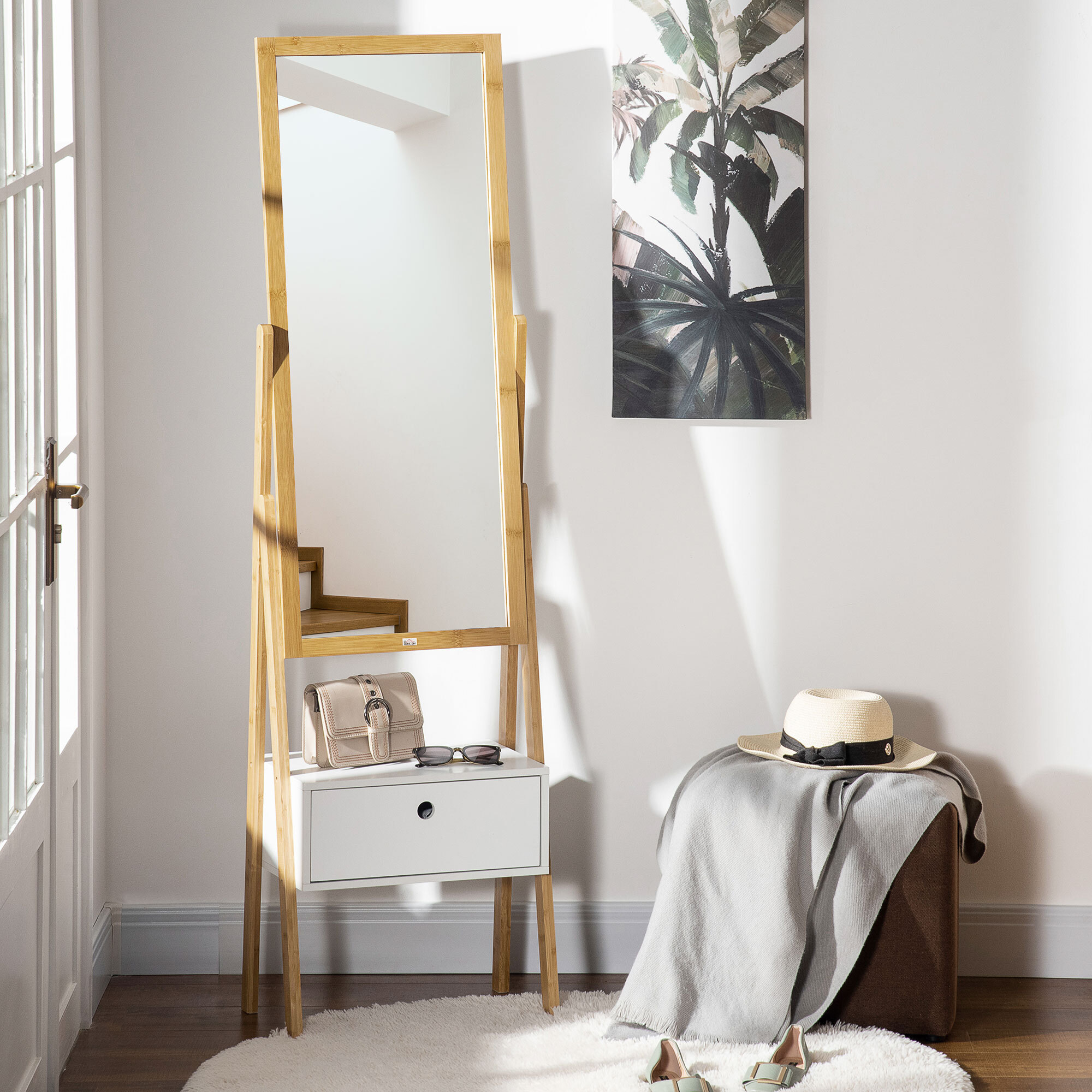 Miroir sur pied avec rangement tiroir en bambou et MDF - dim. 45L x 30l x 160H cm - blanc et naturel