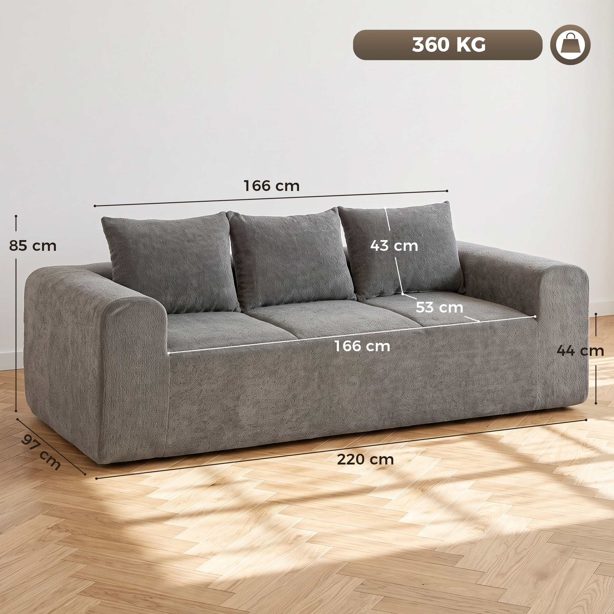 Canapé design arrondi 3 places larges accoudoirs 3 coussins tissu chenille gris