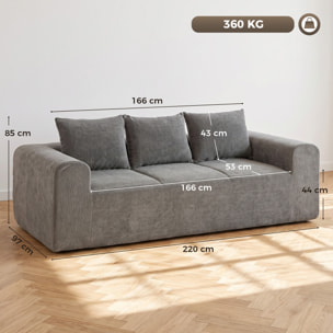 Canapé design arrondi 3 places larges accoudoirs 3 coussins tissu chenille gris
