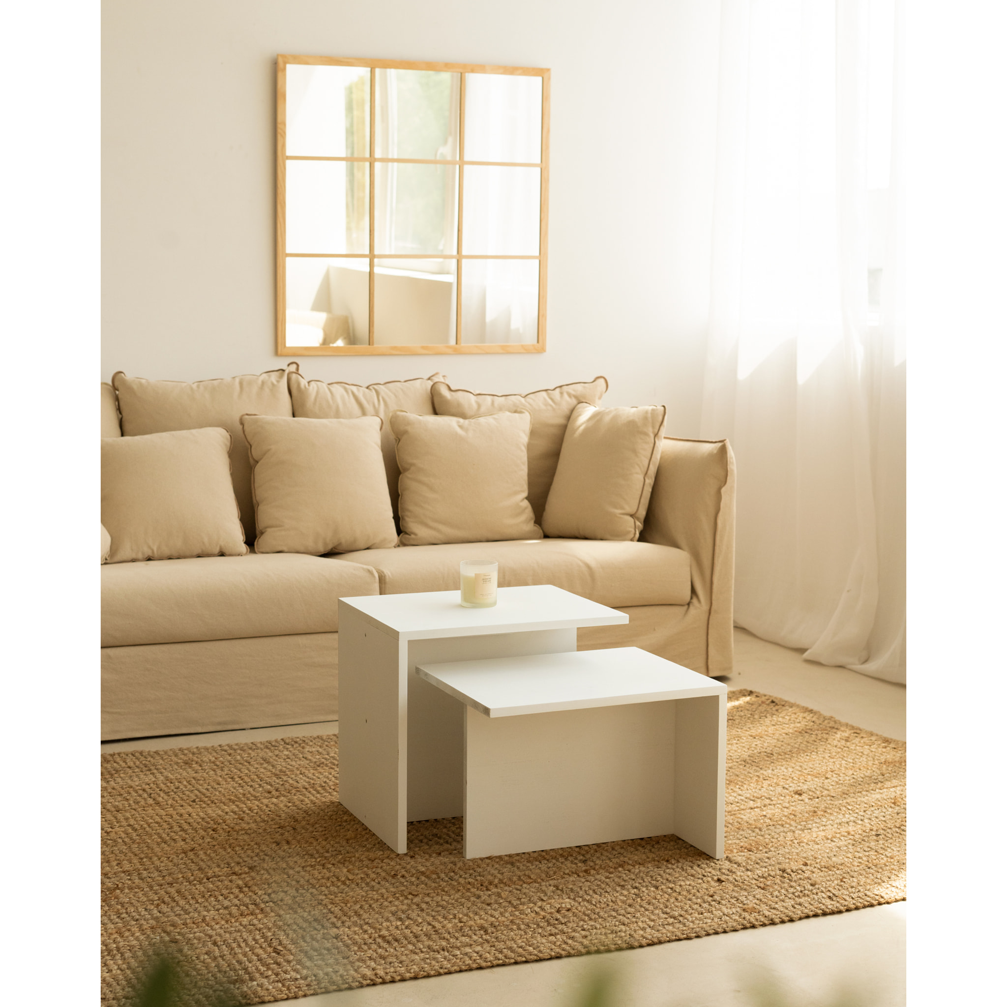 Table basse 2 pièces en bois massif blanc 100x45cm Hauteur: 44.6 Longueur: 100 Largeur: 39