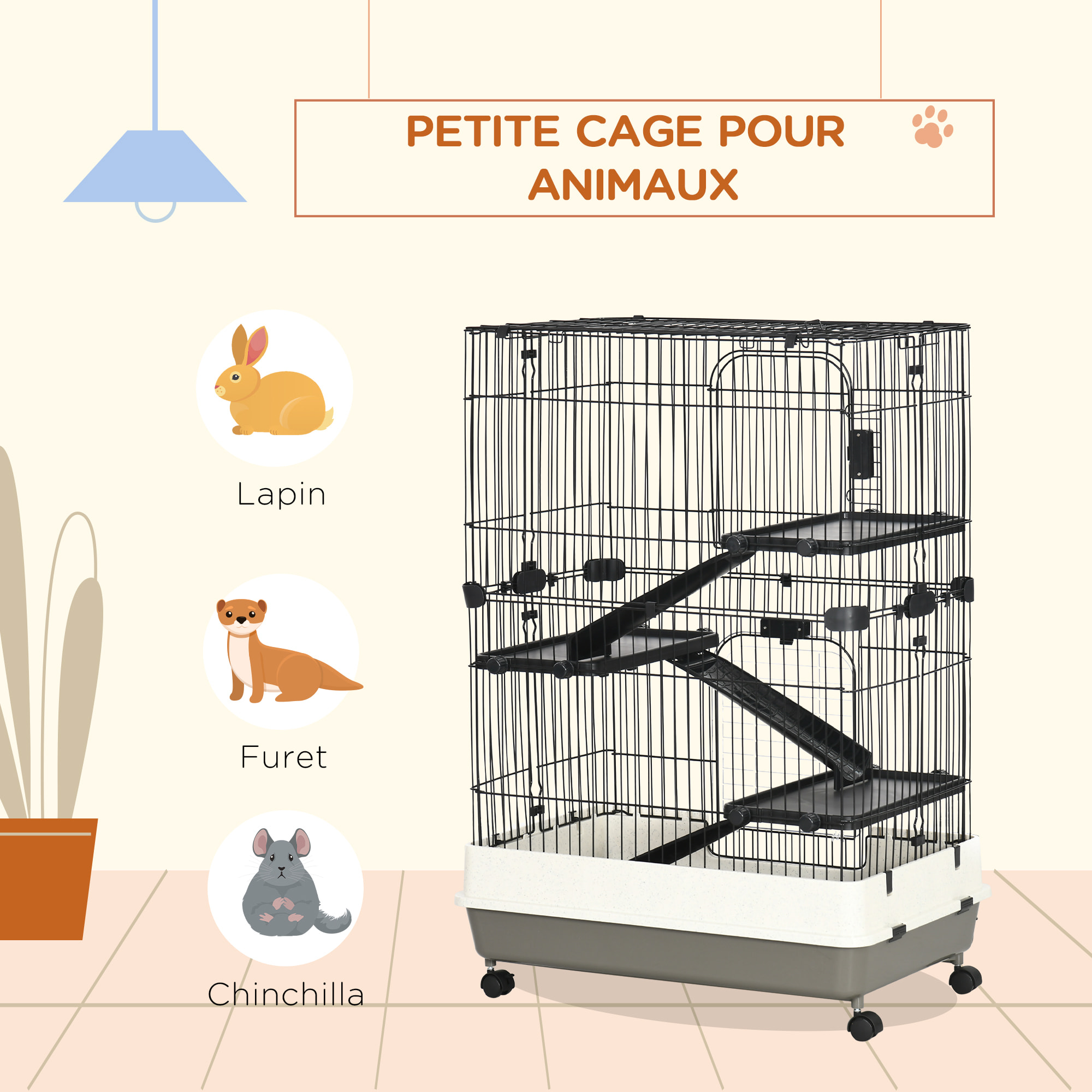 PawHut Cage pour cochons d'Inde chinchilla rongeur sur roulettes - 3 étages, rampes, 2 portes + trappe, plateau excrément amovible - métal PP noir gris