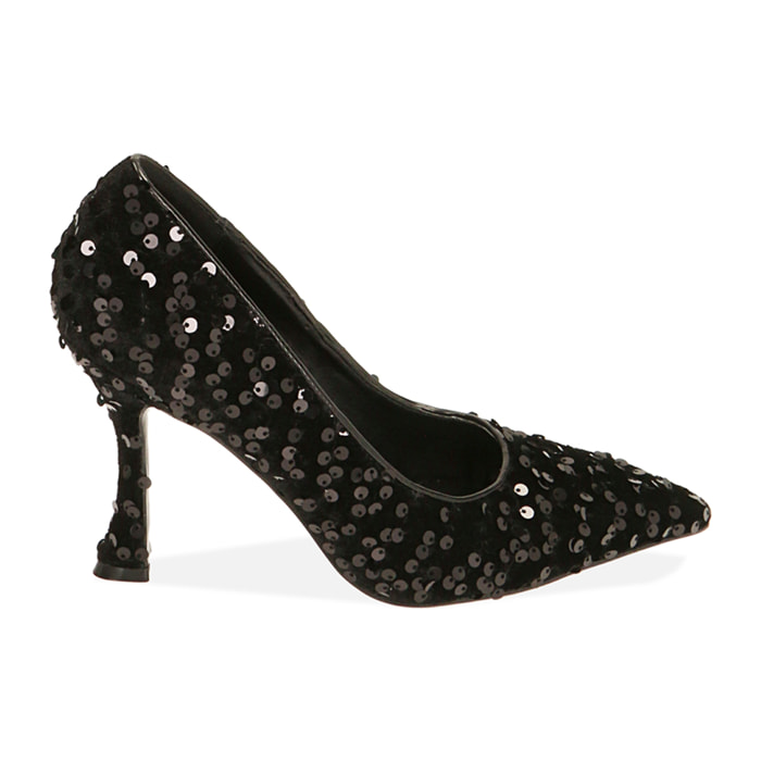 Salon negro con lentejuelas, tacón de 9,5 cm