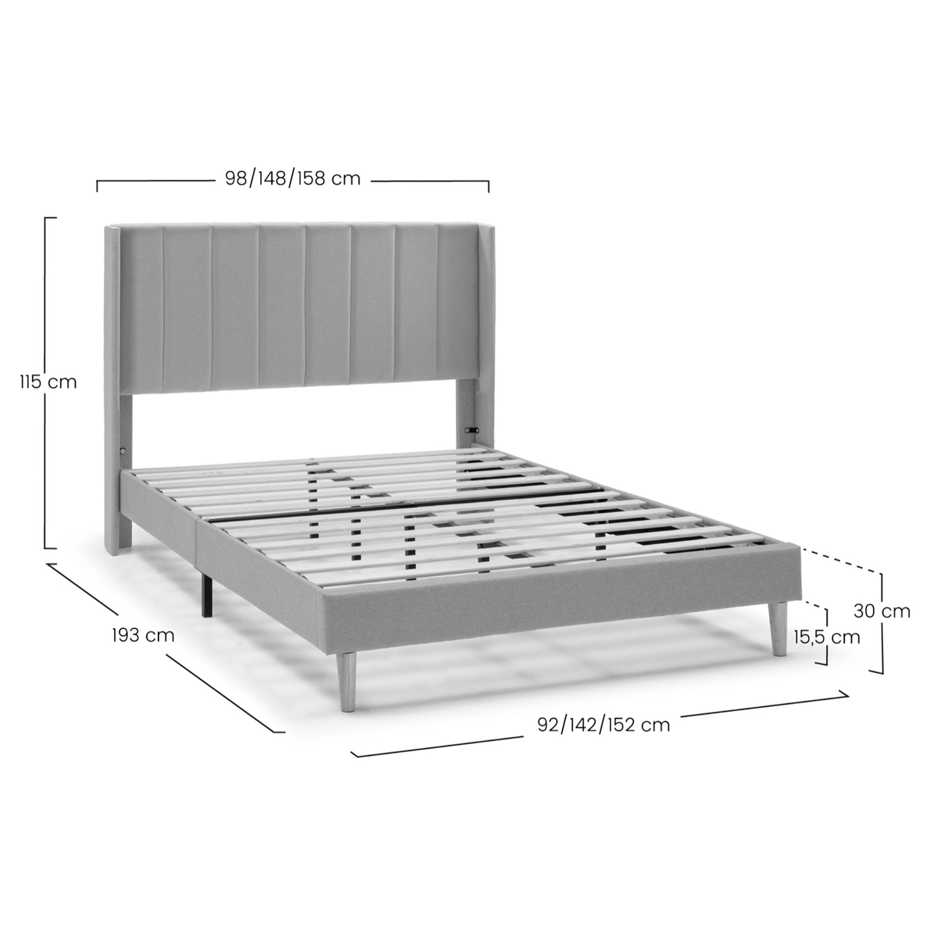 Estructura de cama tapizada Noelia de 30 cm Gris Claro