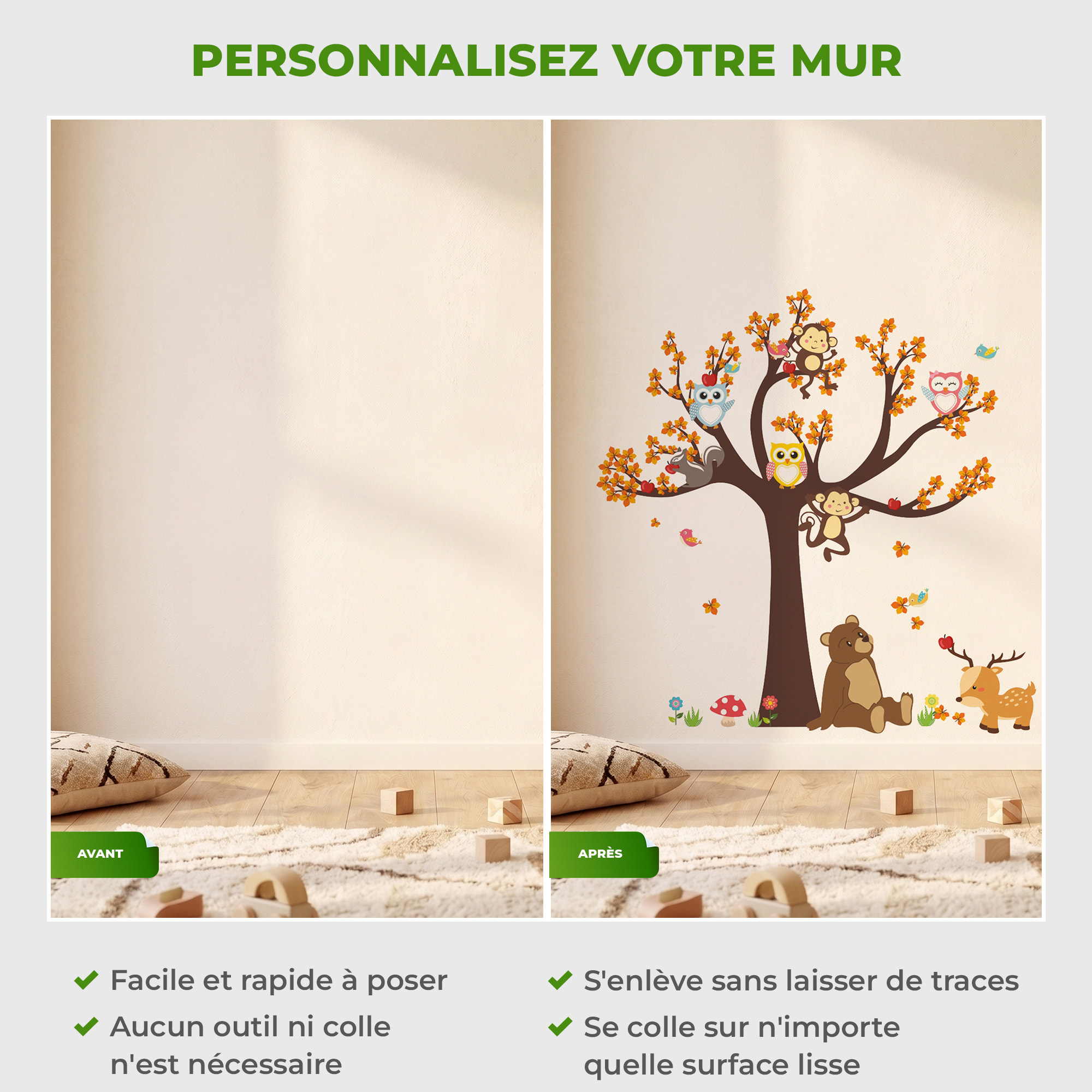 Stickers Muraux décoration adhésifs arbre géant avec hibou, singe et ours