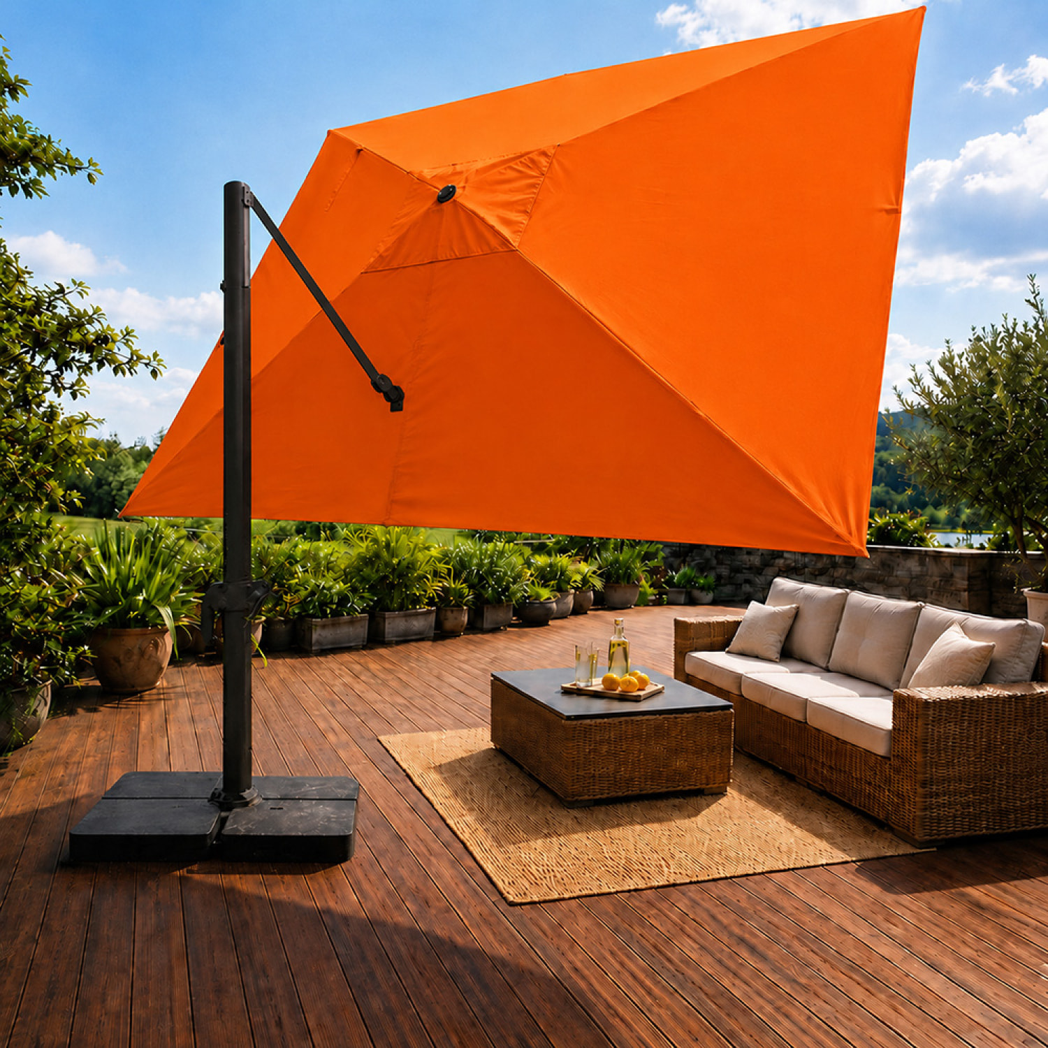 Parasol rectangulaire 3x4 déporté rotatif orange en aluminium GHAZIE