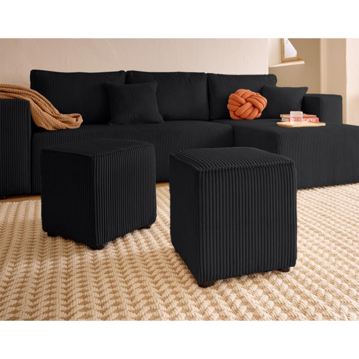 Topaze - canapé d'angle réversible 4 places - convertible avec coffre, tablette et poufs - en velours côtelé - Noir