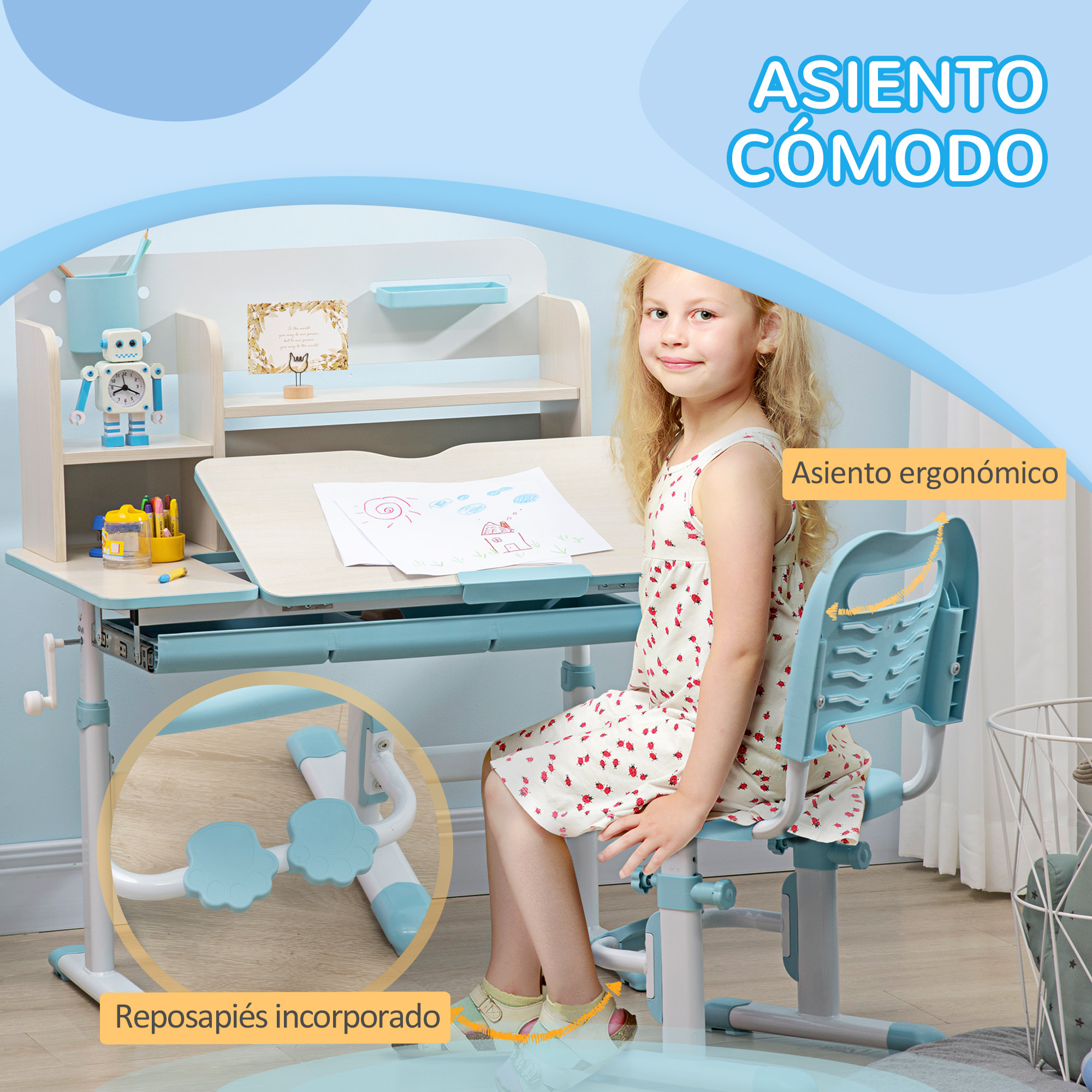 Juego de Escritorio y Silla para Niños de +3 Años con Altura Ajustable Pupitre Infantil con Tablero de Mesa Inclinable Cajón y Estantería para libros 80x52x88-109 cm y 35,5x44,5x66-80 cm Azul