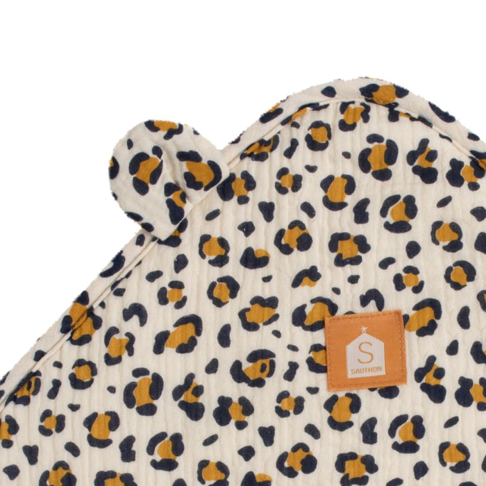 Cape de bain bébé en gaze de coton et gant léopard