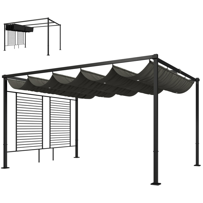 Pérgola de Jardín 4x3 m con Techo Retráctil y 2 Paneles de Privacidad Fijos, Cenador de Jardín con Protección UPF50+, Drenaje, Estructura Metálica, Pabellón para Exterior, Gris Oscuro