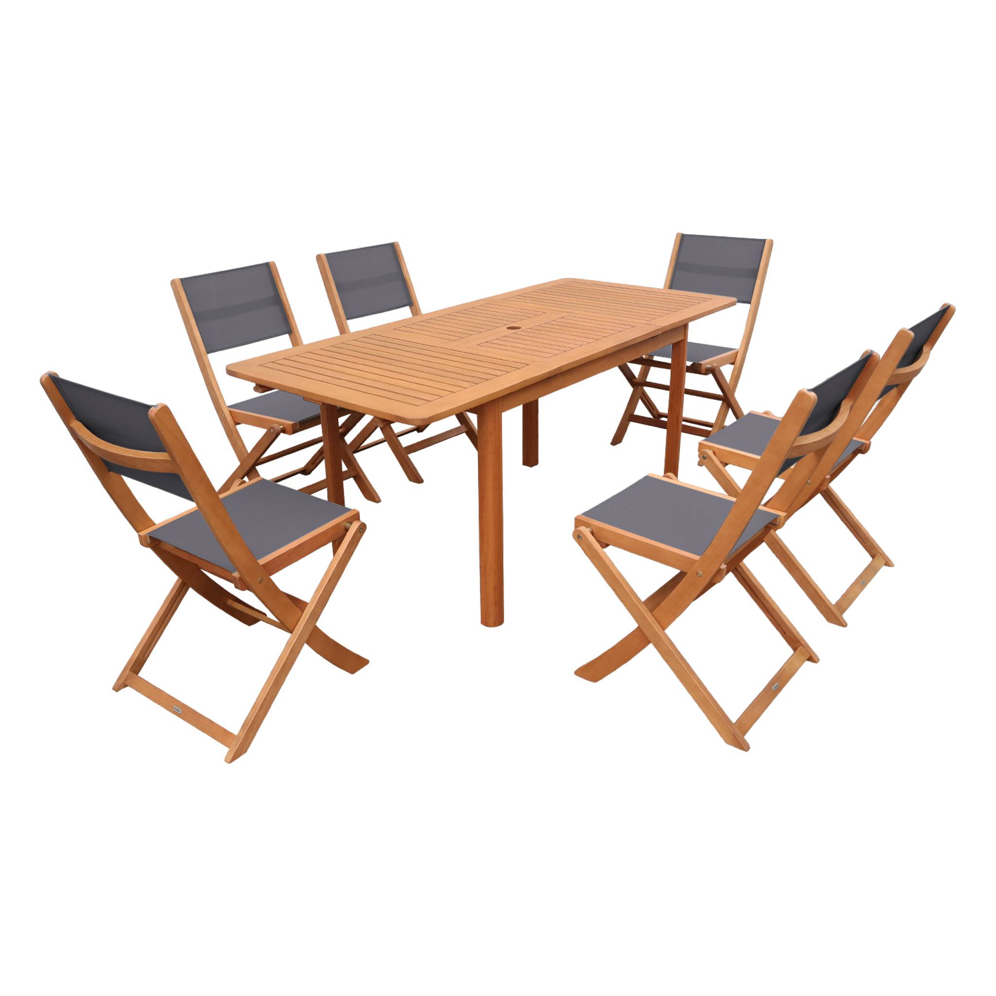 Table de jardin extensible bois d'eucalyptus + 6 assises ARBO + ALMERIA