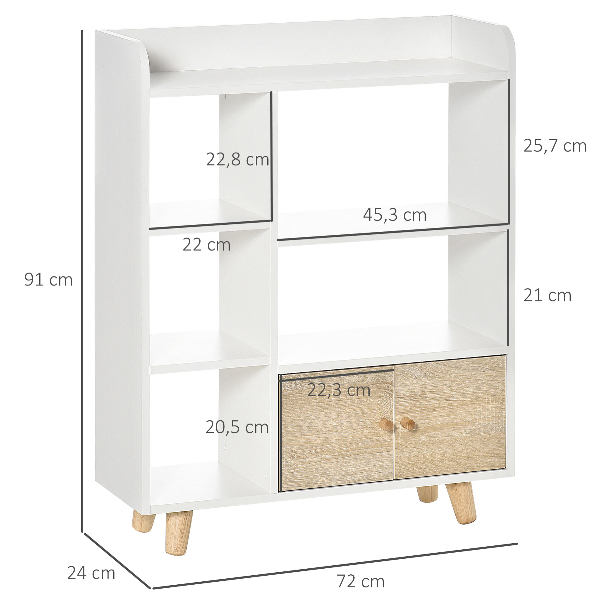 Bibliothèque scandinave 3 niches 2 étagères placard double porte pieds effilés inclinés MDF blanc aspect chêne clair