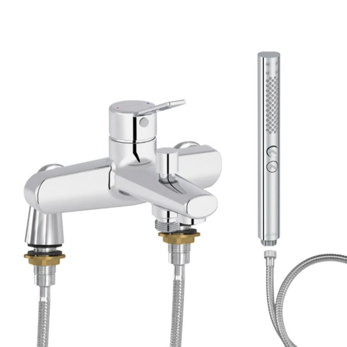 Mitigeur baignoire Eo + pommeau de douche Shift+ rond + flexible de douche métal + colonnettes Idro'Flex