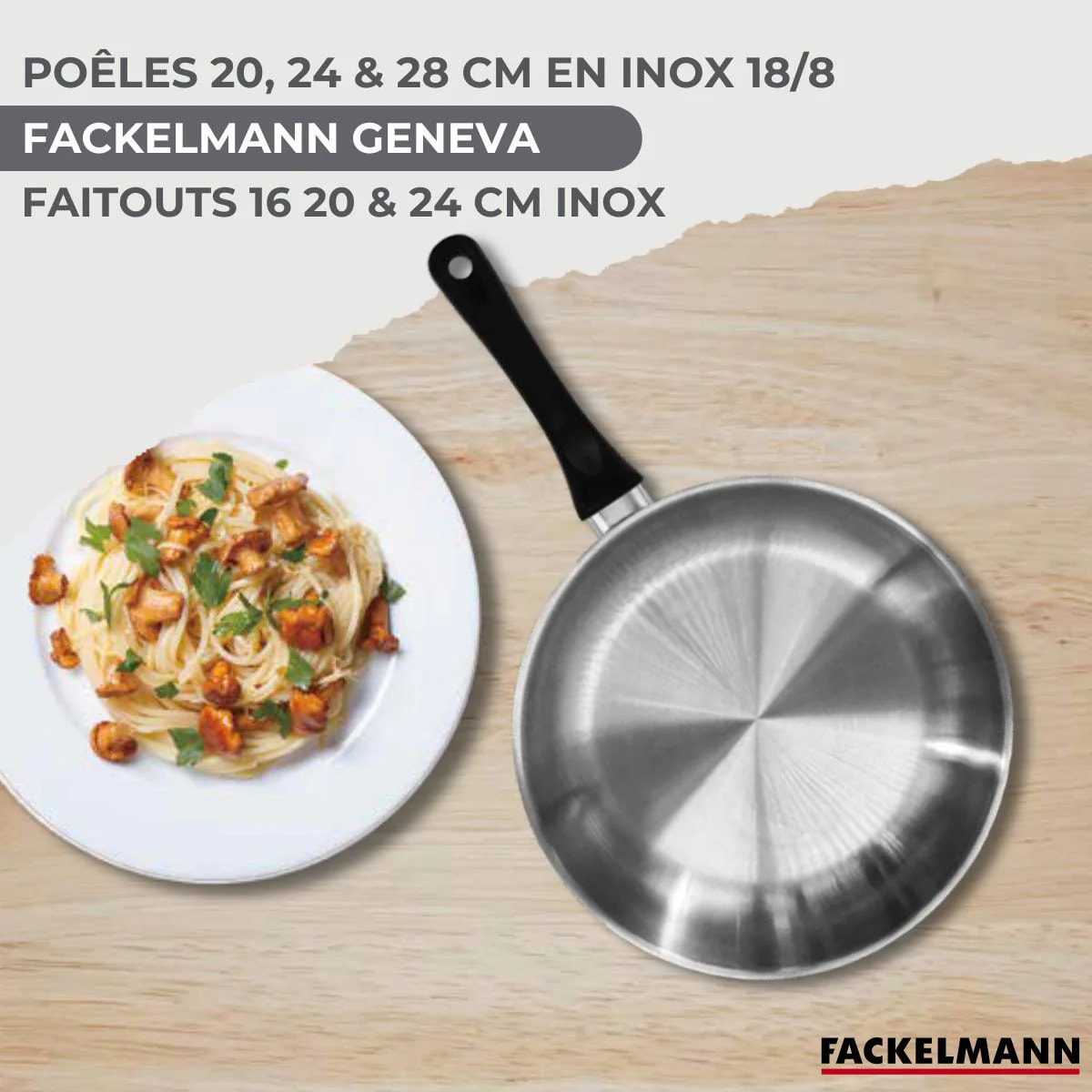 Set de 3 poêles 20 24 28 cm en inox, couvercles verres, 3 faitouts inox 16, 20 et 24 cm et 6 ustensiles RPET Fackelmann Geneva