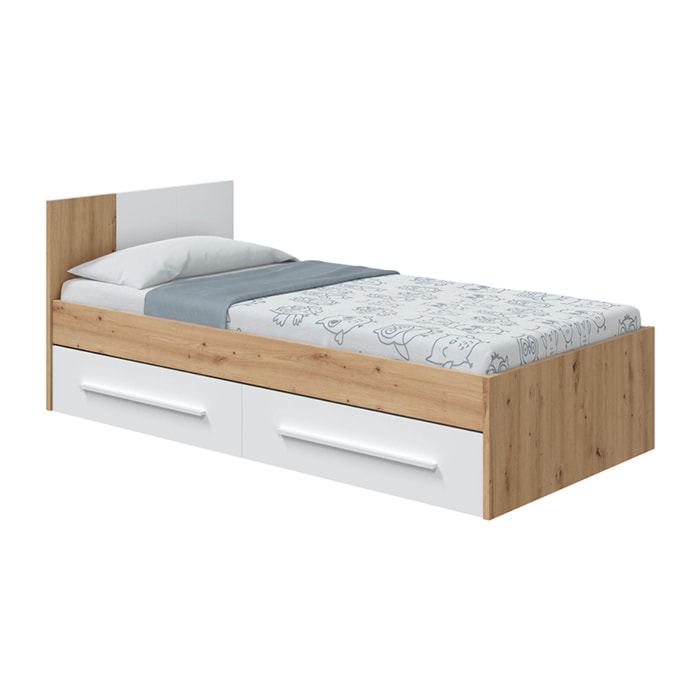 Cama Cabezal Dos Cajones 77x196x97 Cm Blanco Artik Y Roble Nodi