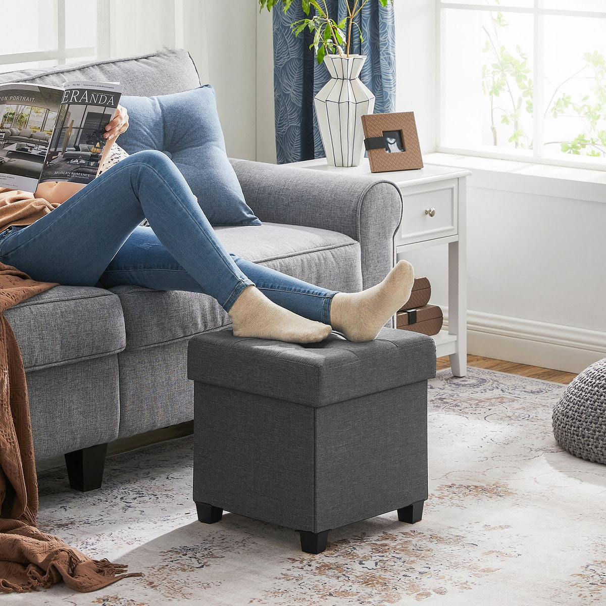 Pouf contenitore pieghevole in tessuto effetto lino grigio