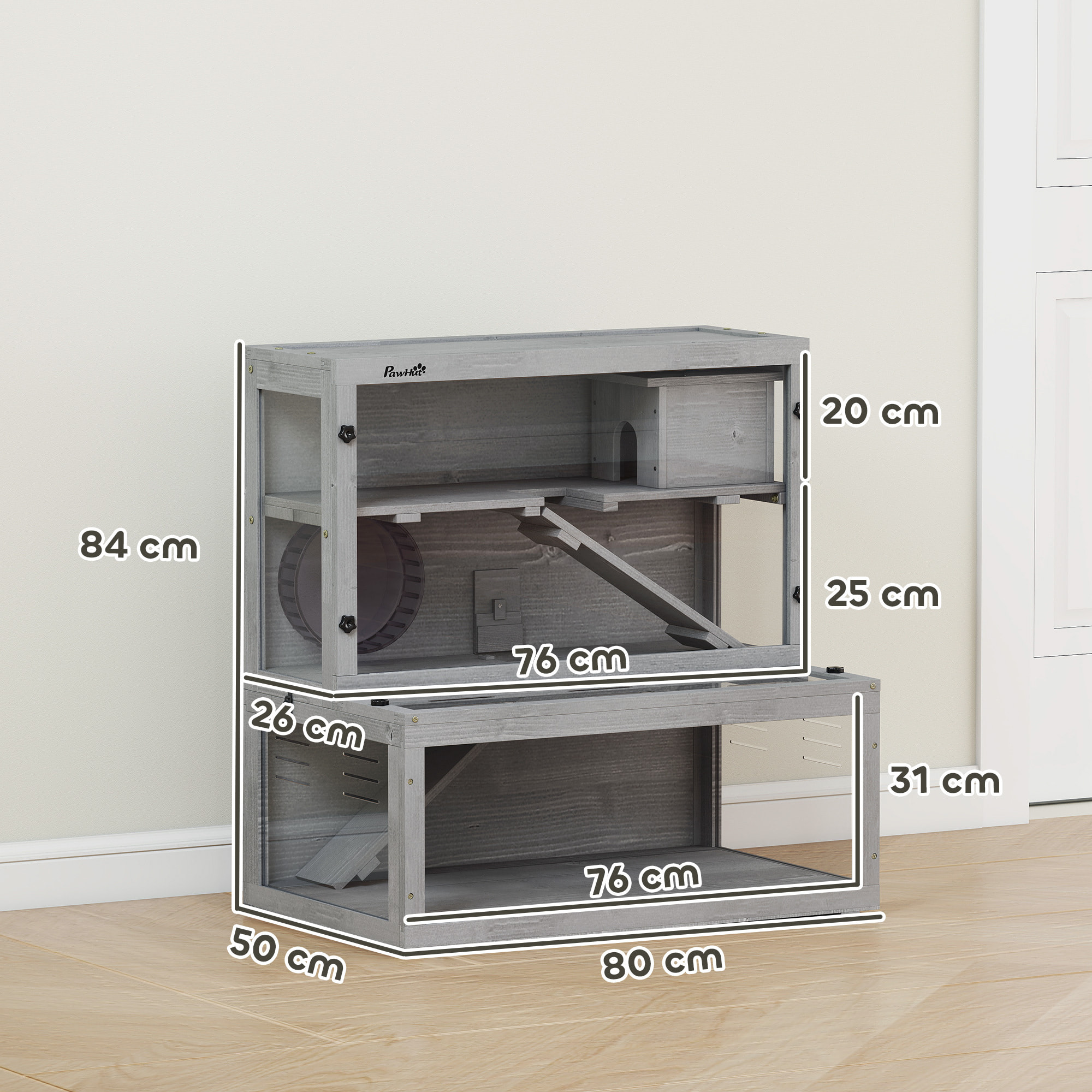 Cage hamster 3 niveaux avec cabane roue rampes bois gris