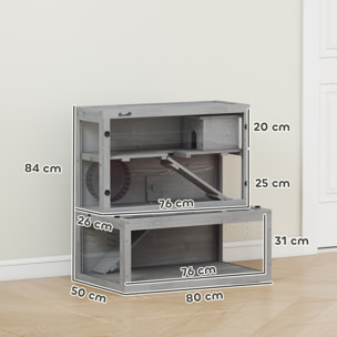 Cage hamster 3 niveaux avec cabane roue rampes bois gris