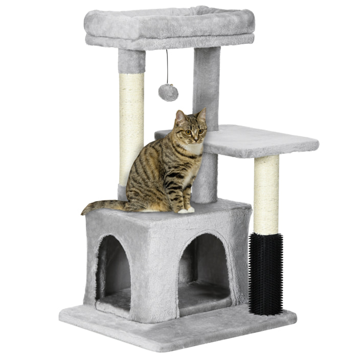 Arbre à chat griffoirs sisal naturel et massant grande niche plateforme panier jeu boule suspendue peluche gris