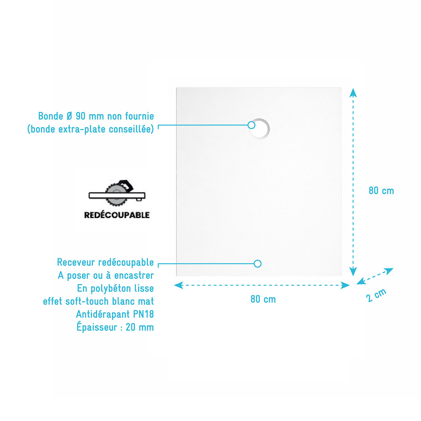 Receveur 80x80x2cm Extra-plat en Polybéton Blanc Mat Effet Soft-touch - Redécoupable - NELSON