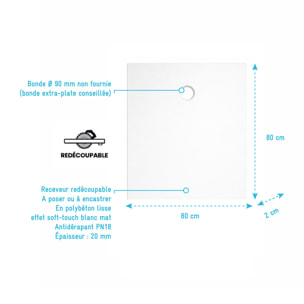 Receveur 80x80x2cm Extra-plat en Polybéton Blanc Mat Effet Soft-touch - Redécoupable - NELSON
