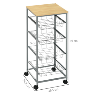 Carro Múltiusos de Cocina con Ruedas 36,5x36,5x89cm Plateado