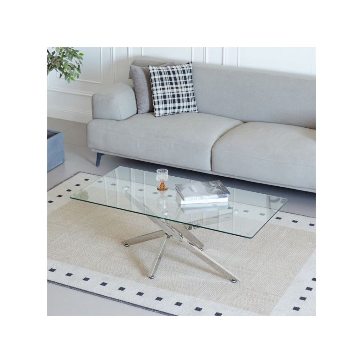 Table basse L. 120 cm en verre trempé et pied en métal chromé - BENTI