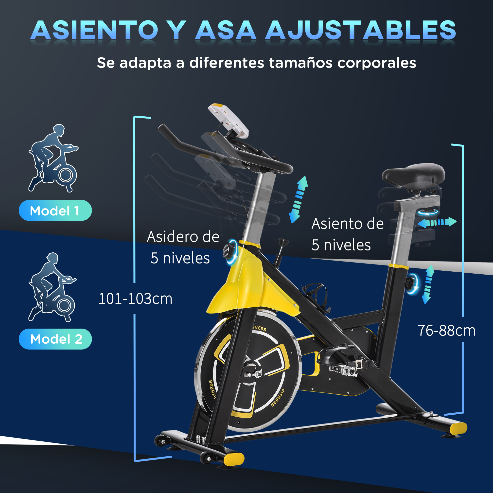 Bicicleta Estática con Resistencia Regulable Bici Estática Bicicleta de Fitness con Pantalla LCD Ruedas Manillar y Asiento Ajustable para Casa Gimnasio Amarillo y Negro