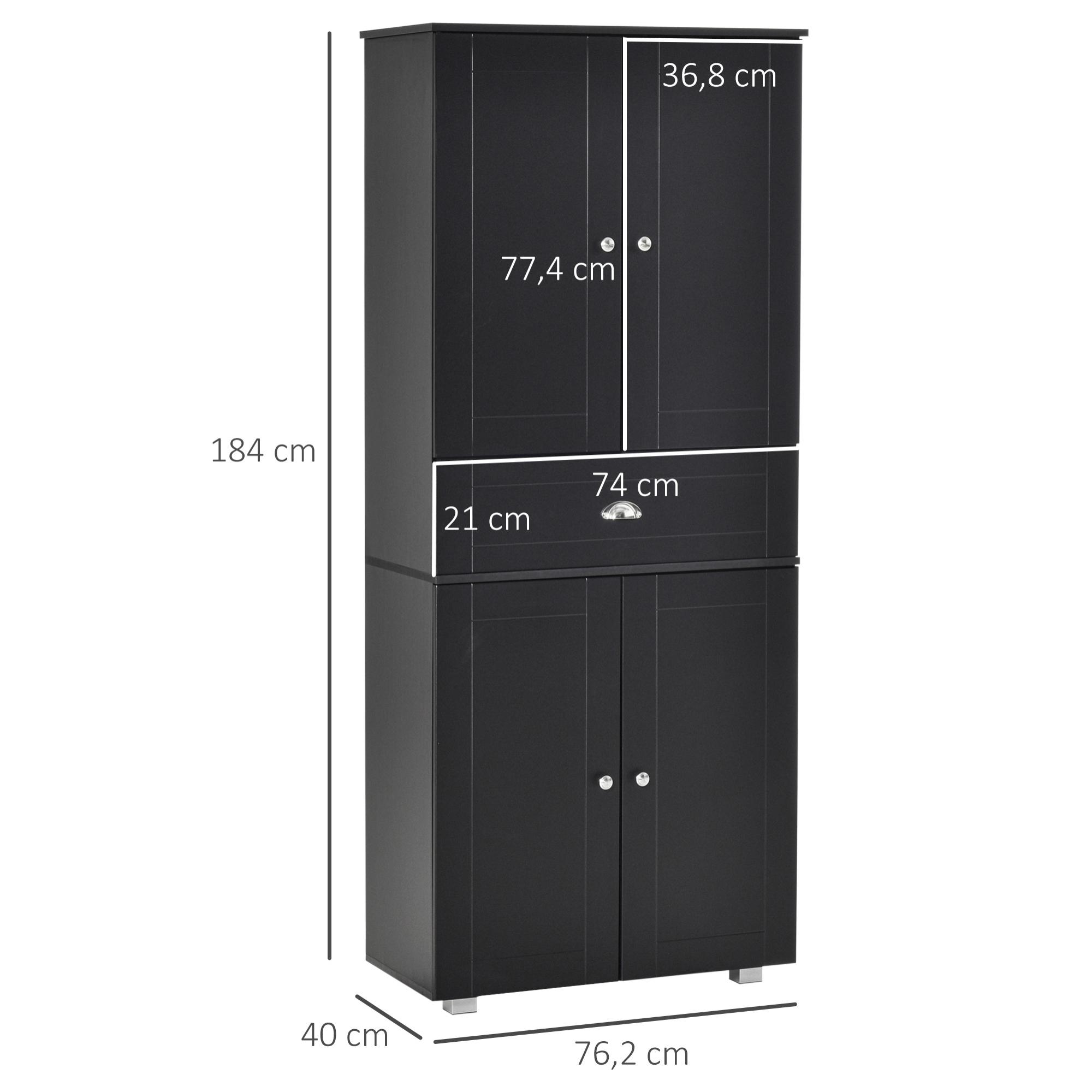 HOMCOM Armoire de cuisine contemporaine multi-rangements 4 portes + grand tiroir dim. 76,2L x 40P x 184H cm MDF noir
