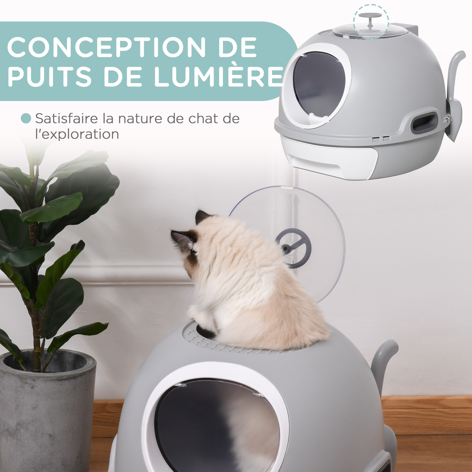 Maison de toilette portable pour chat tiroir à litière coulissant porte battante lucarne + pelle fournis dim. 47L x 55l x 44H cm gris