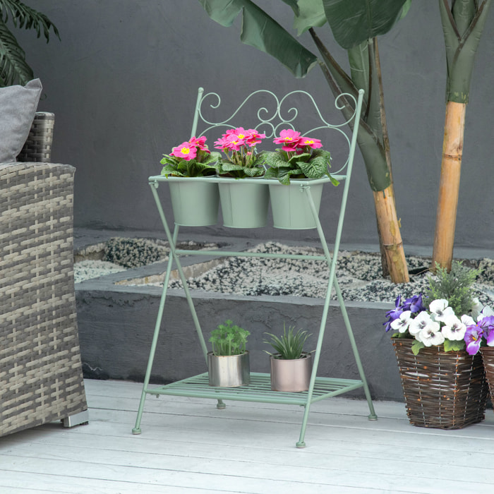 Étagère à fleurs 2 niveaux style rural chic - pliable - 3 pots de fleurs inclus, étagère - métal époxy anticorrosion vert d'eau