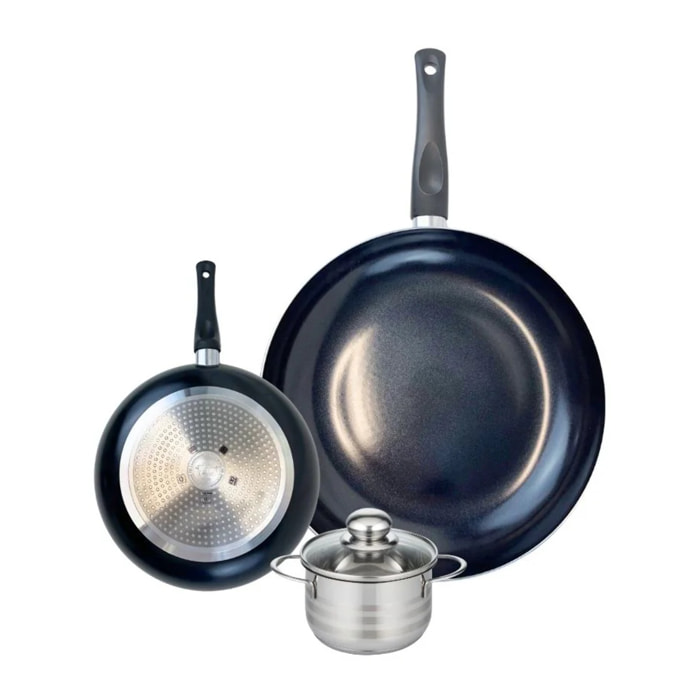 Ensemble de 2 Poêles de cuisson 20 et 32 cm et 1 faitout 12 cm Elo Prima Brillant