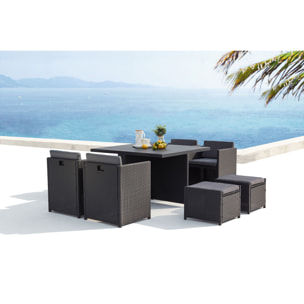 Table et chaises 8 places encastrables alu et résin noir-gris ABASA