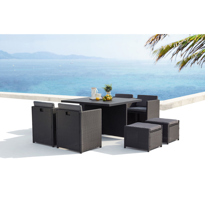 Table et chaises 8 places encastrables alu et résin noir-gris ABASA