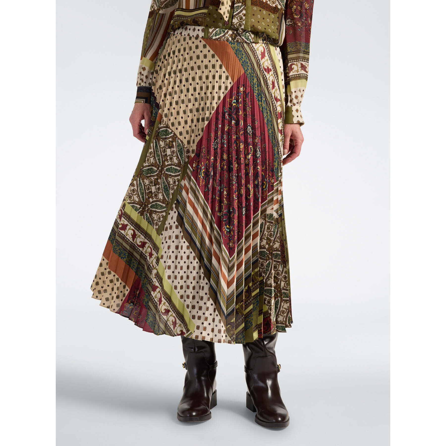 Elena Mirò - Gonna plissé lunga stampa patchwork - Verde militare