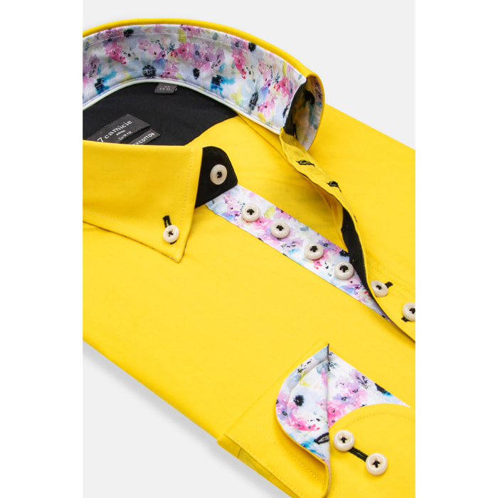 Camicia Uomo 1 Bottoni Button Down Slim Popeline Stretch Unito Giallo
