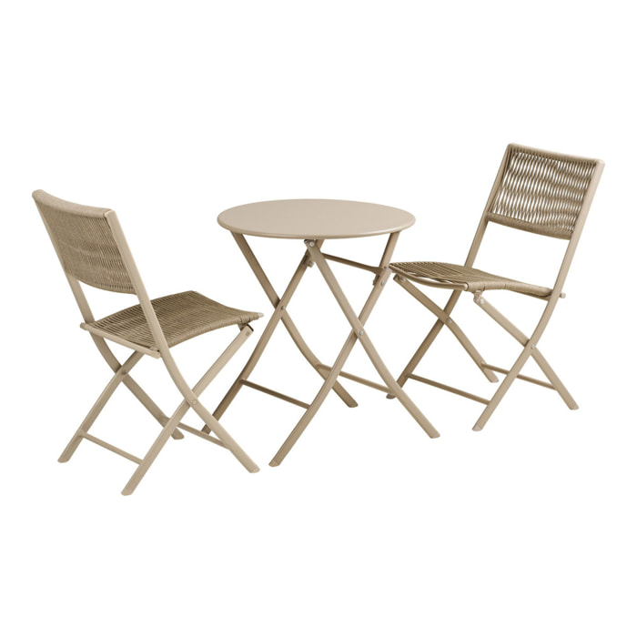 Set bistro Arcas 3 pezzi in corda e acciaio taupe — 2 sedie e 1 tavolo