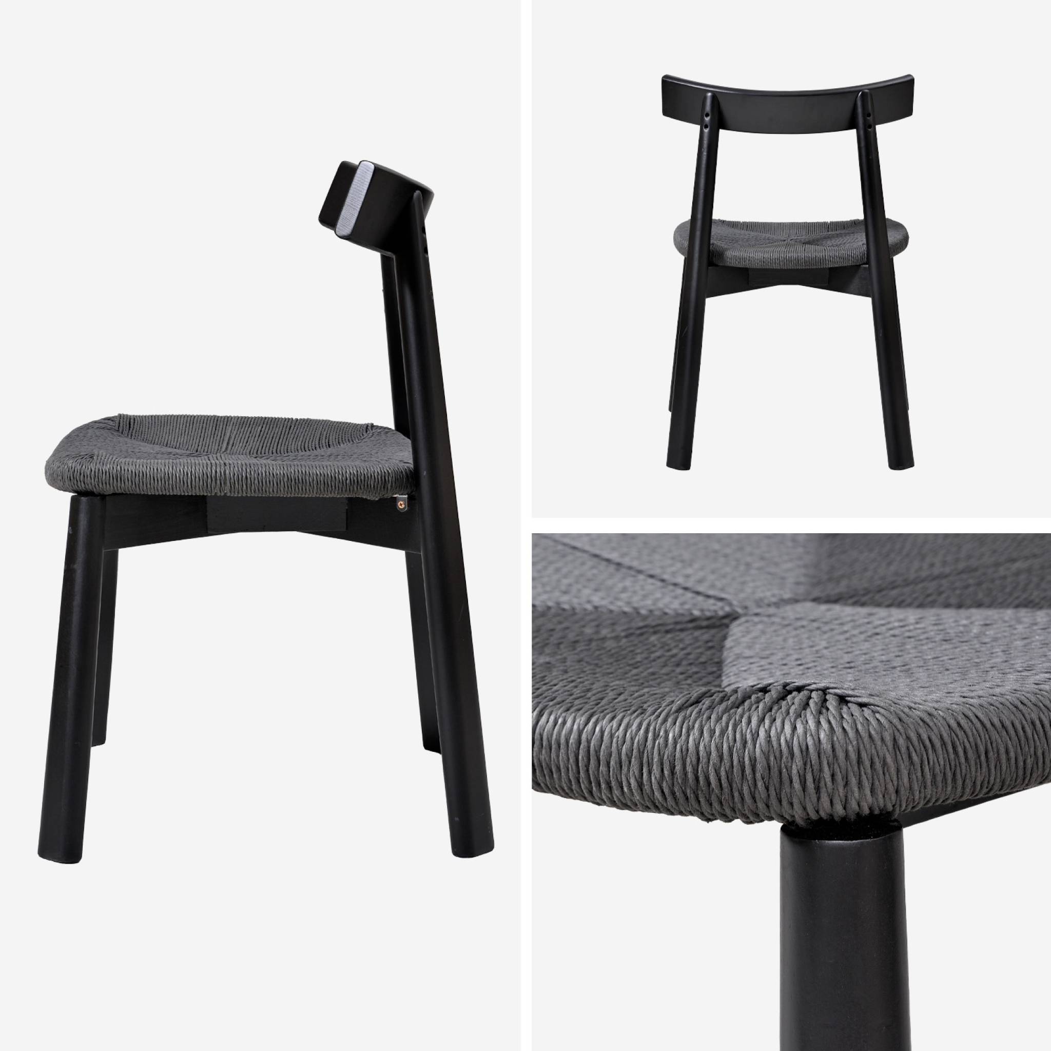 Lot de 2 chaises scandinaves en bois d'hévéa noir et assise en corde noire